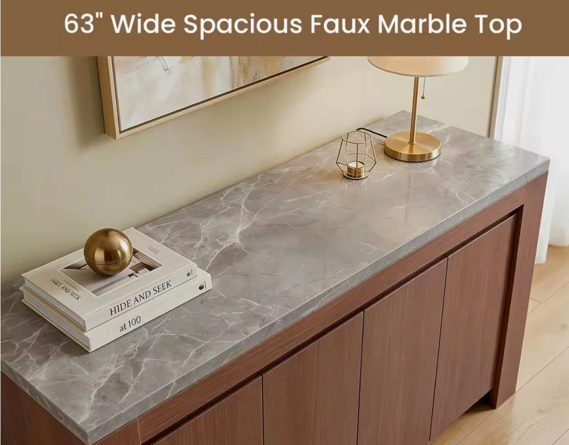 63” Buffet cabinet with storage faux marble top