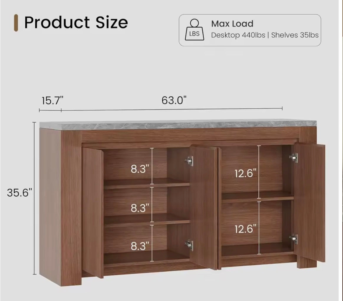 63” Buffet cabinet with storage faux marble top