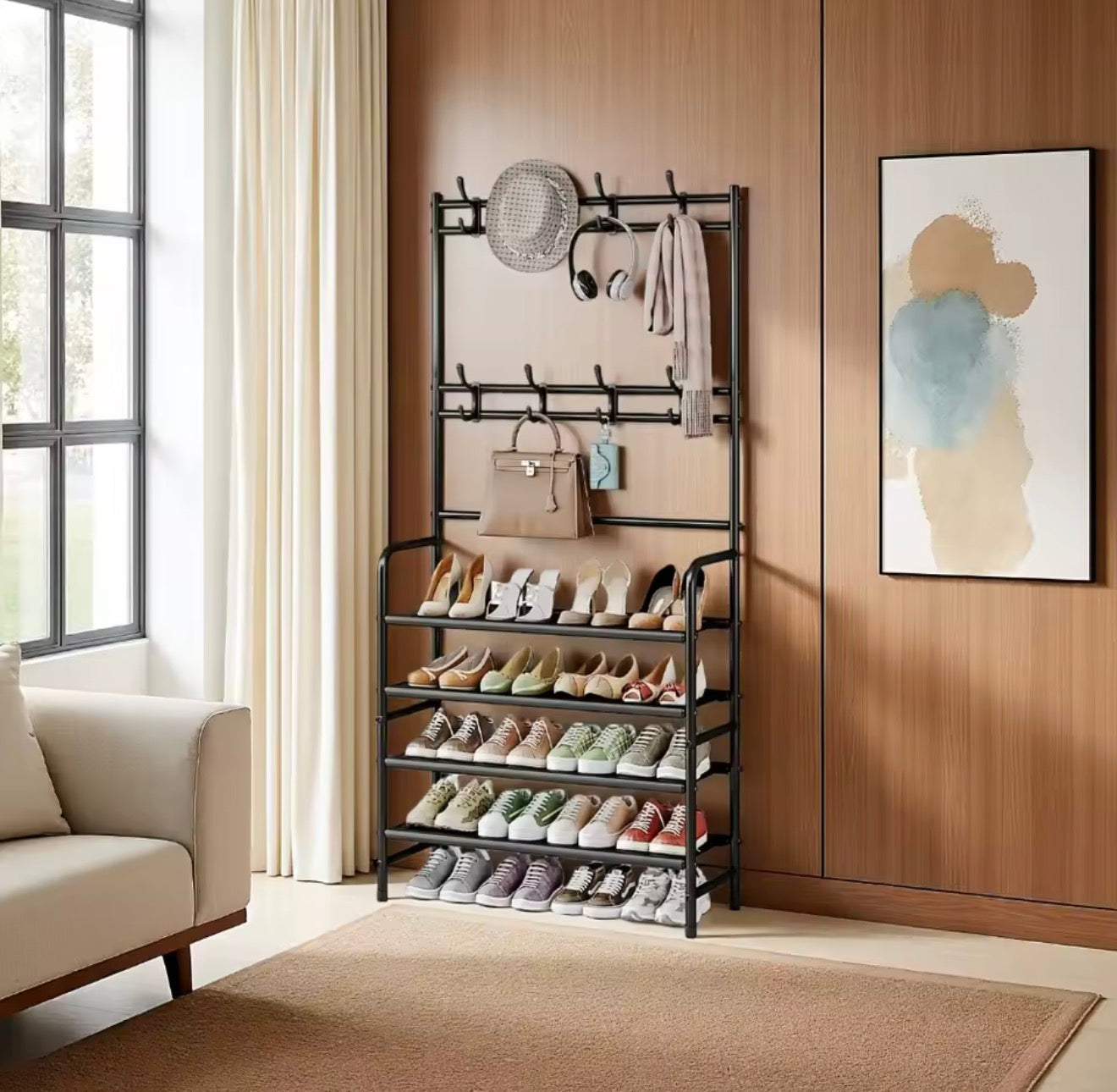 5-Tier Metal Coat Rack with Shoe Shelf & 8 Hooks