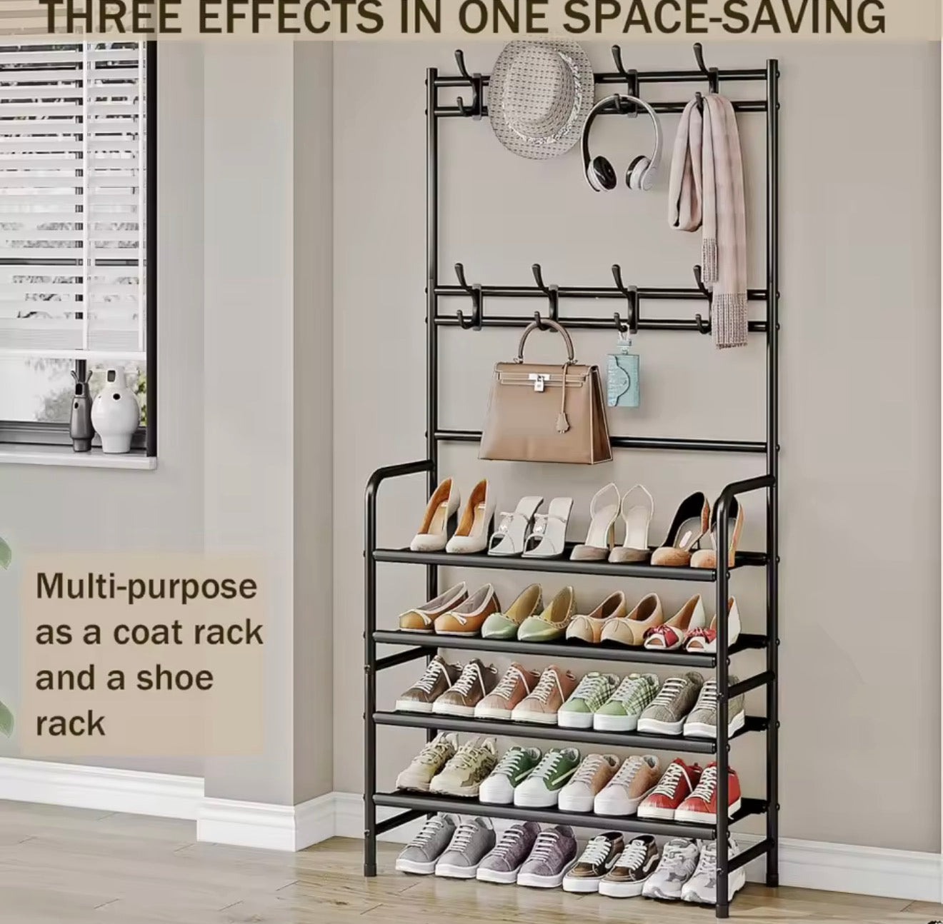 5-Tier Metal Coat Rack with Shoe Shelf & 8 Hooks