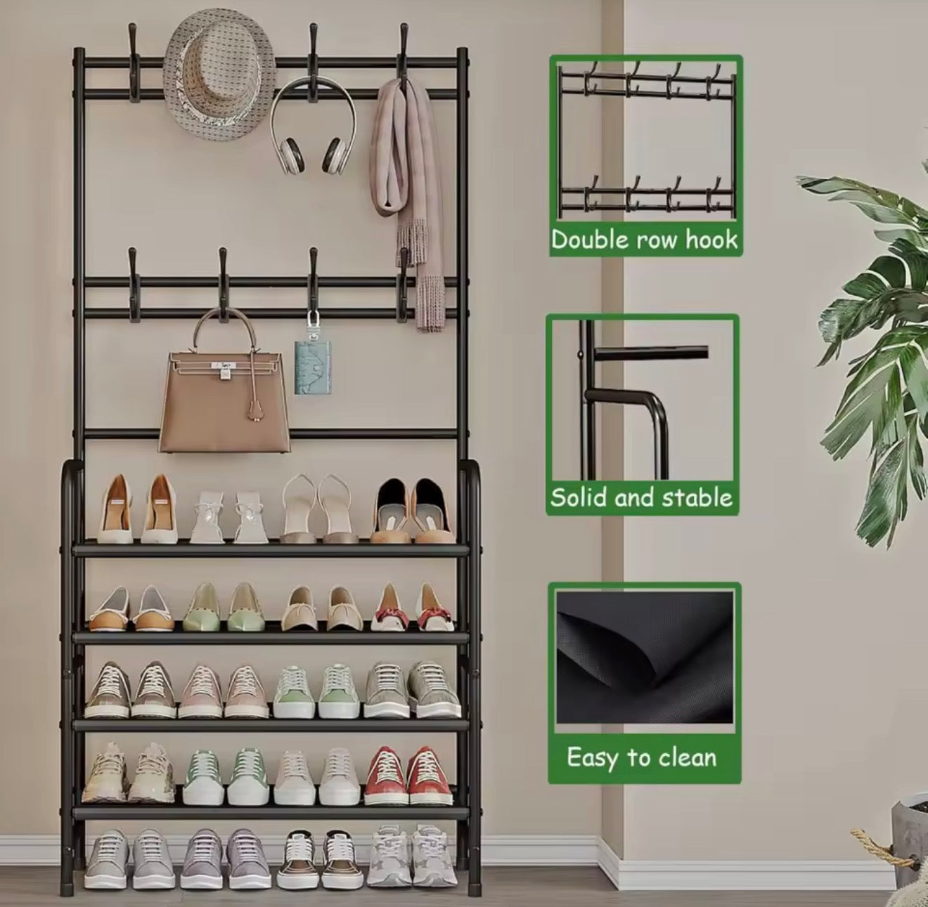 5-Tier Metal Coat Rack with Shoe Shelf & 8 Hooks