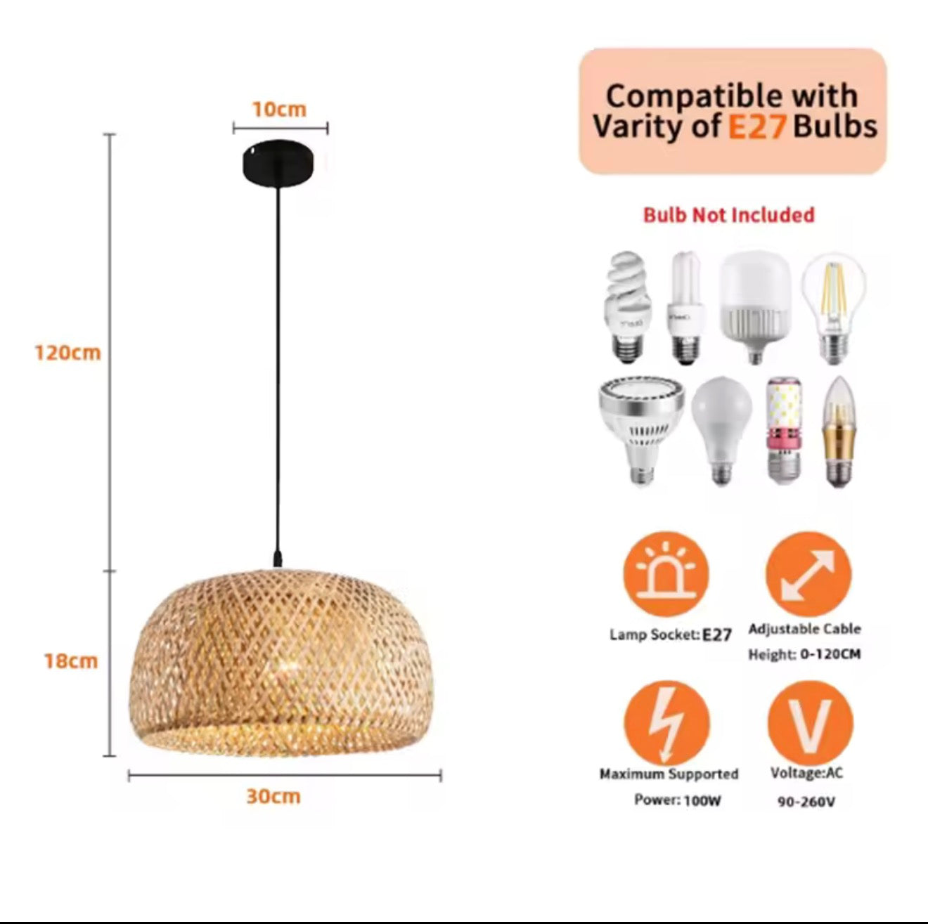 Bamboo Lantern 30cm Pendant Lamp Natural Rattan Wicker