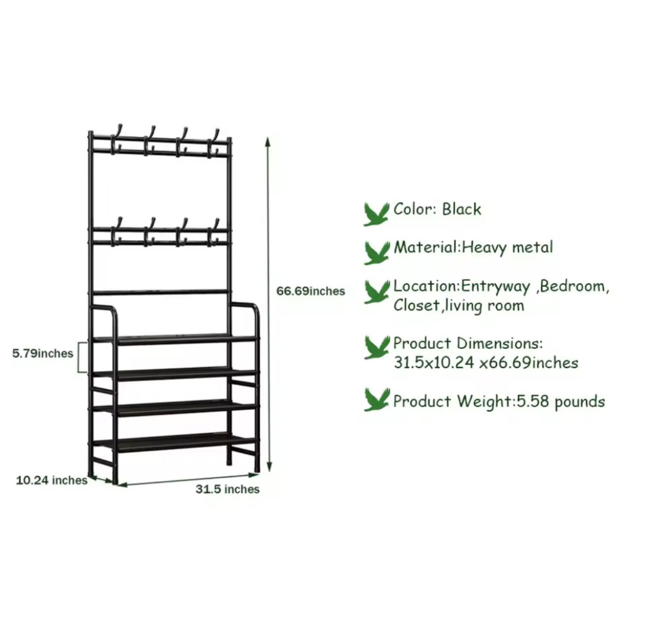 5-Tier Metal Coat Rack with Shoe Shelf & 8 Hooks